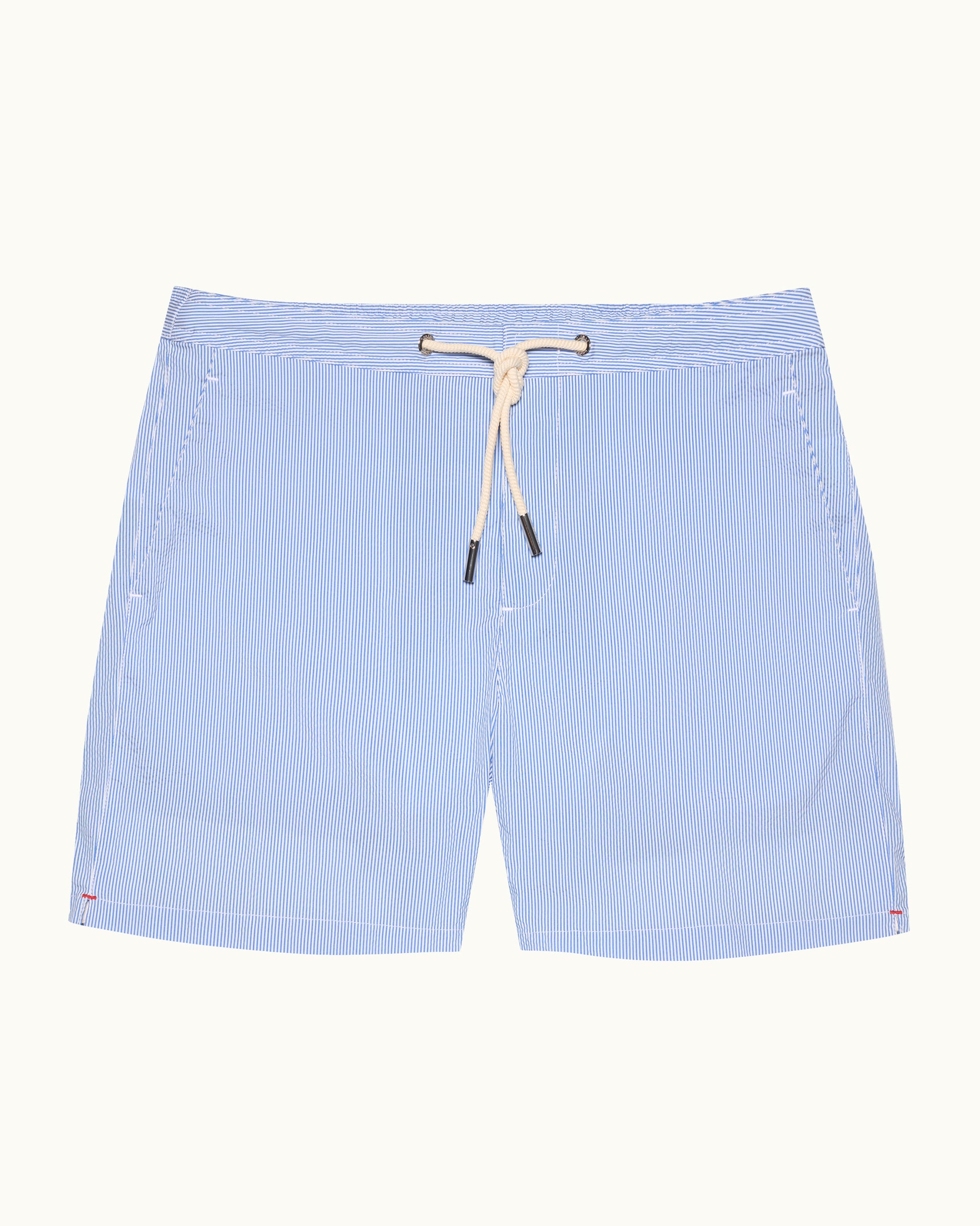 Bulldog Drawcord Seersucker - Mid-Length Seersucker Stripe Drawcord Swim Shorts in Catalina Blue/White Stripe Front View