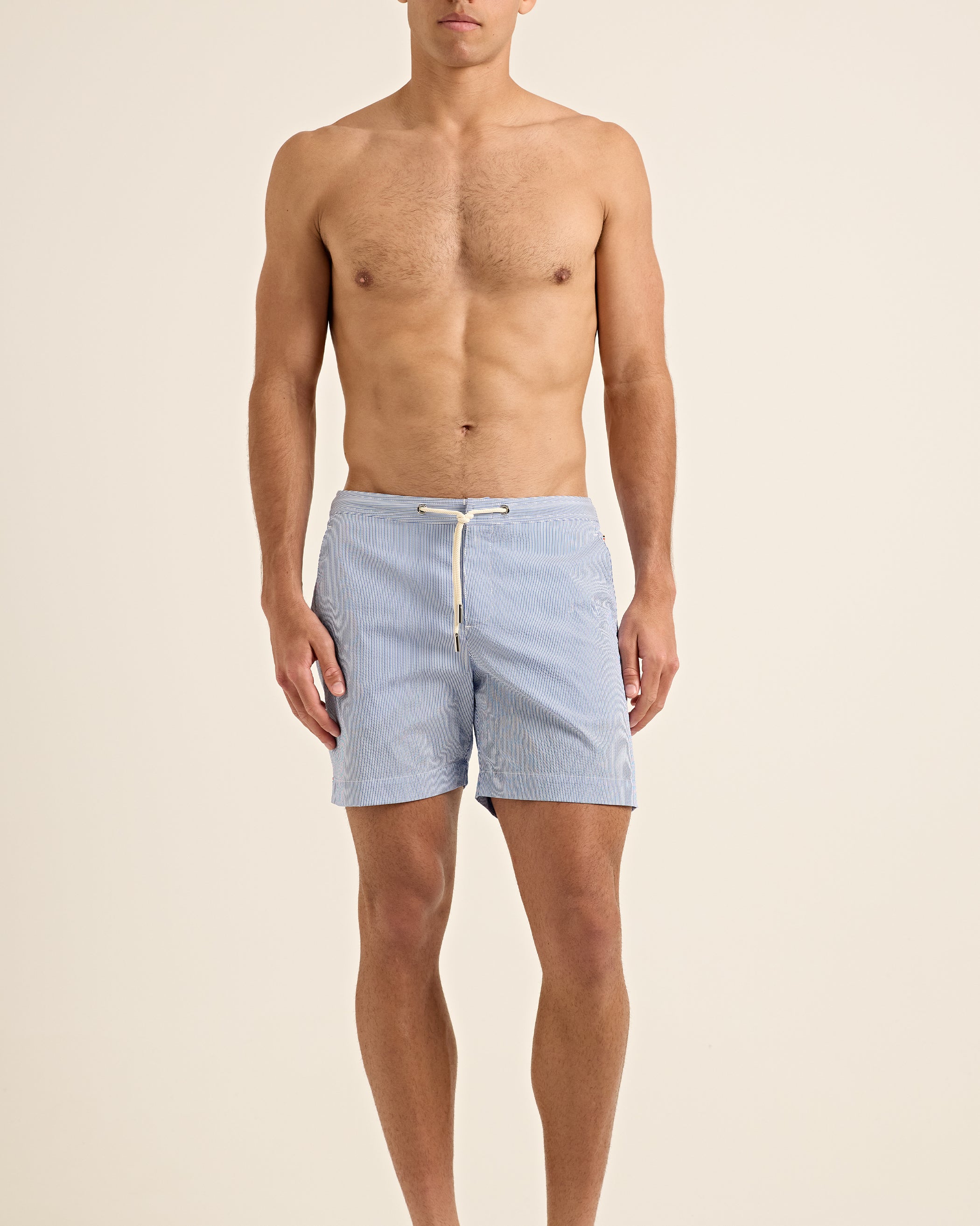 Bulldog Drawcord - Mid-Length Seersucker Stripe Drawcord Swim Shorts in Catalina Blue/White Stripe Model Front