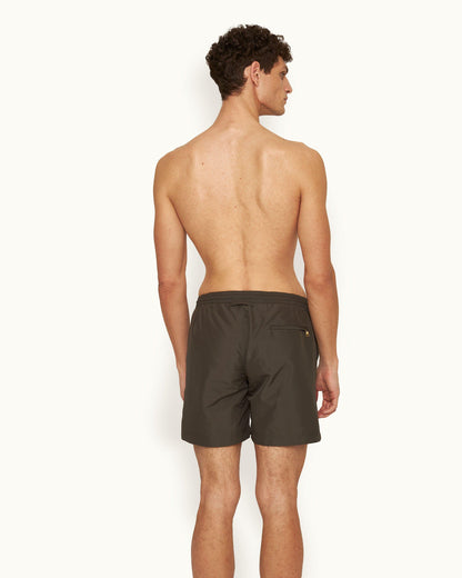 Bulldog Drawcord - Mid-Length Drawcord Swim Shorts Woven In Italy in Smoked Tea colour Model Back