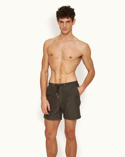 Bulldog Drawcord - Mid-Length Drawcord Swim Shorts Woven In Italy in Smoked Tea colour Model Front