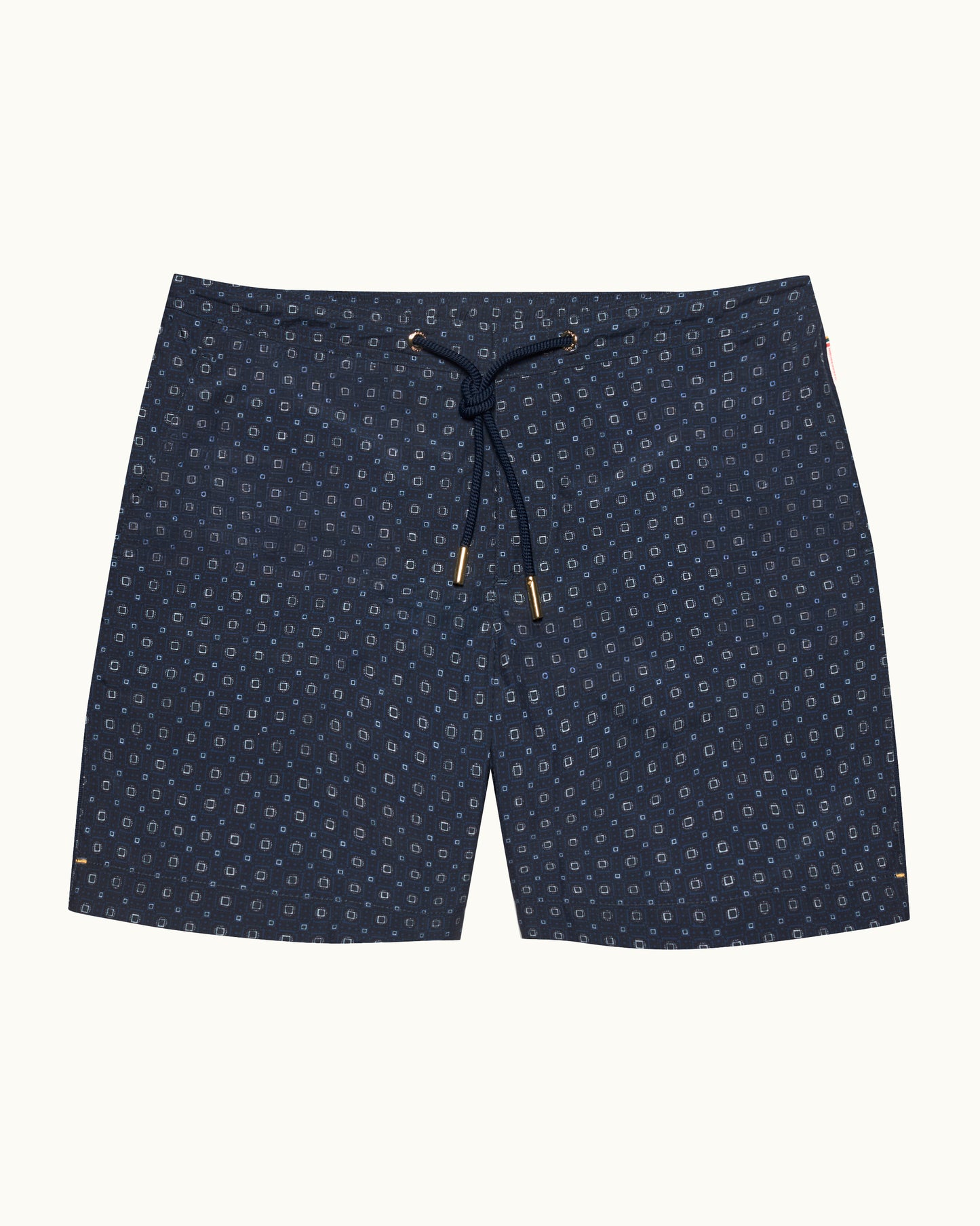 Navy blue shorts with a subtle pattern on a white background