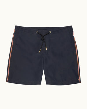 Bulldog Drawcord - Mid-Length Drawcord Stripe Swim Shorts in Night Iris Front View