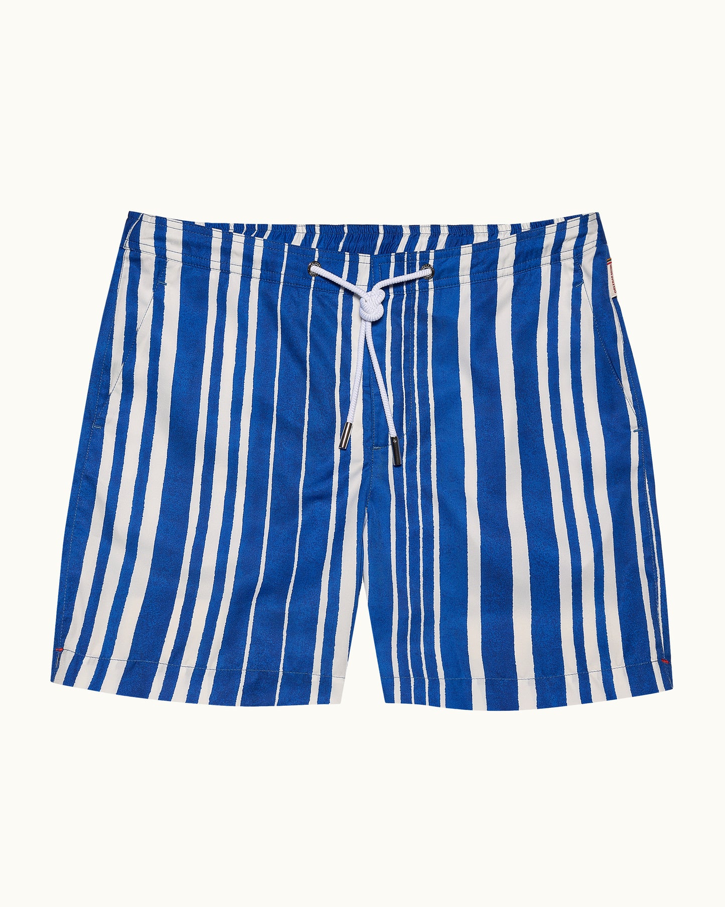 Blue and white striped swim shorts with drawstring waist on a plain background