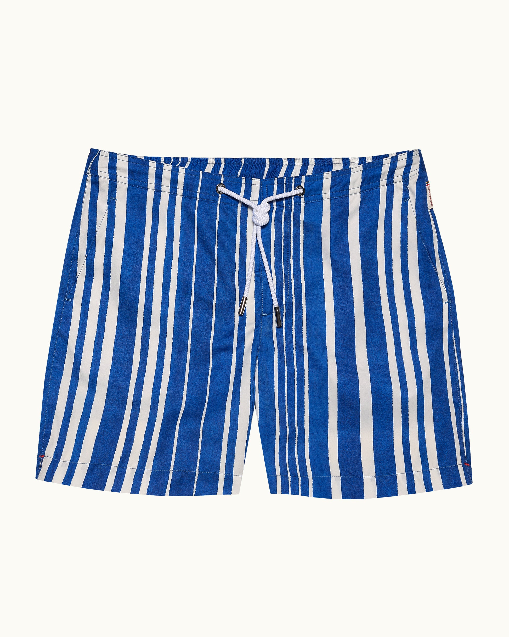 Blue and white striped swim shorts with drawstring waist on a plain background