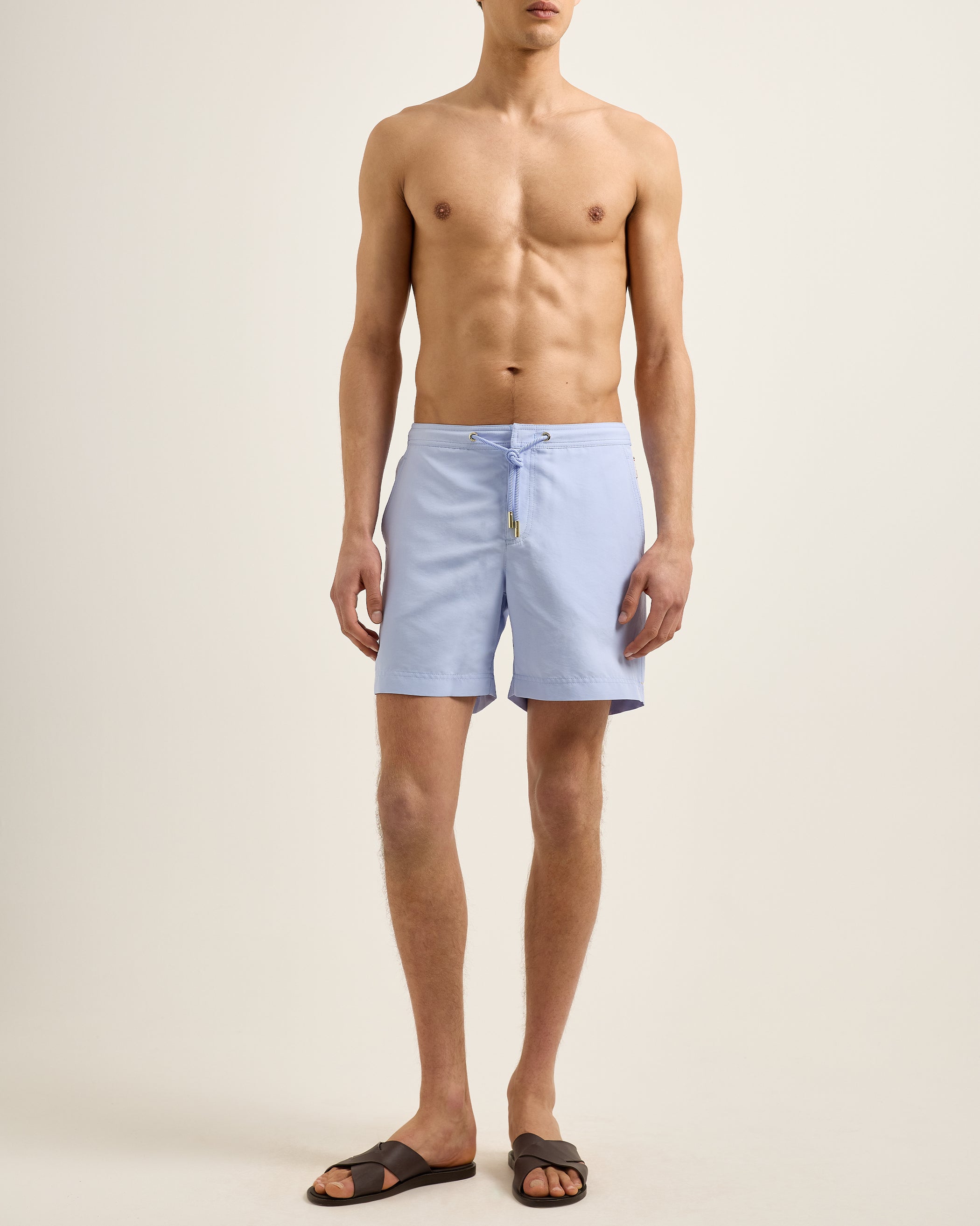 Bulldog Drawcord - Mid-Length Drawcord Swim Shorts in Wave Blue Model Front