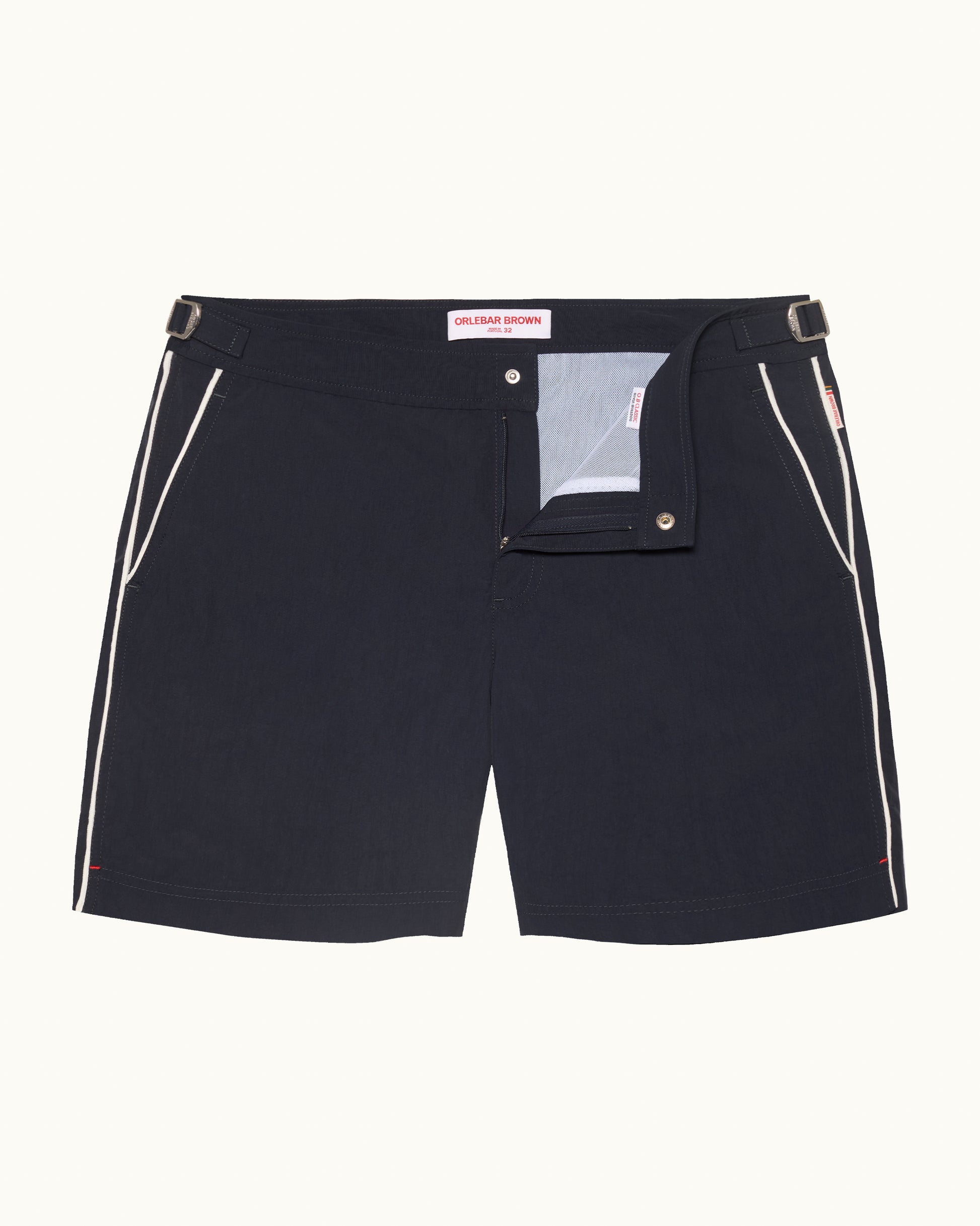 Dark navy shorts with white trim on a white background