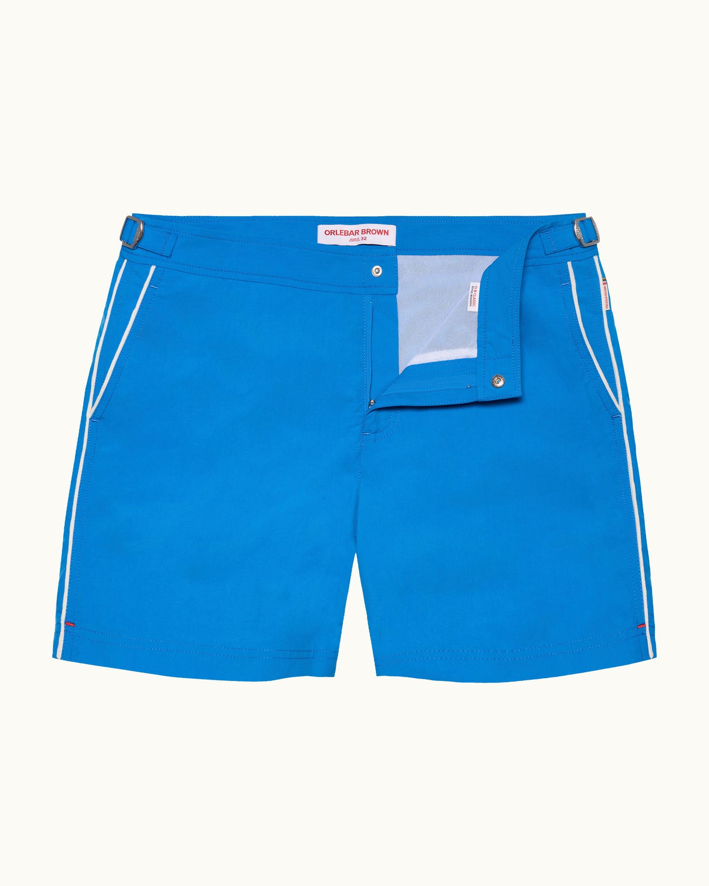Blue shorts with white side stripes on a white background