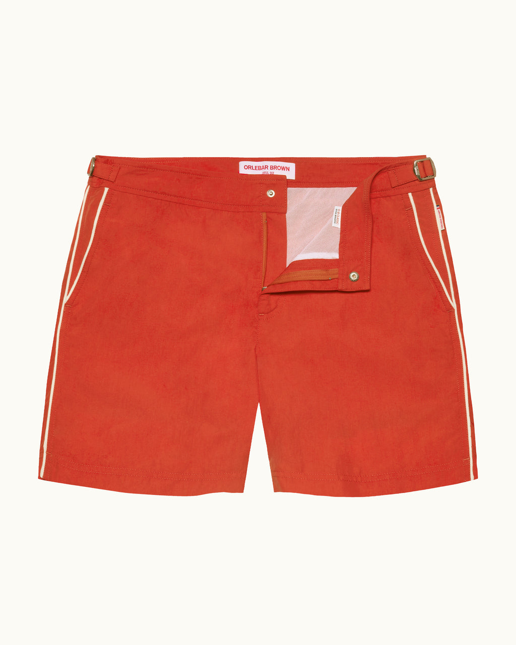 Red shorts with white trim on a white background