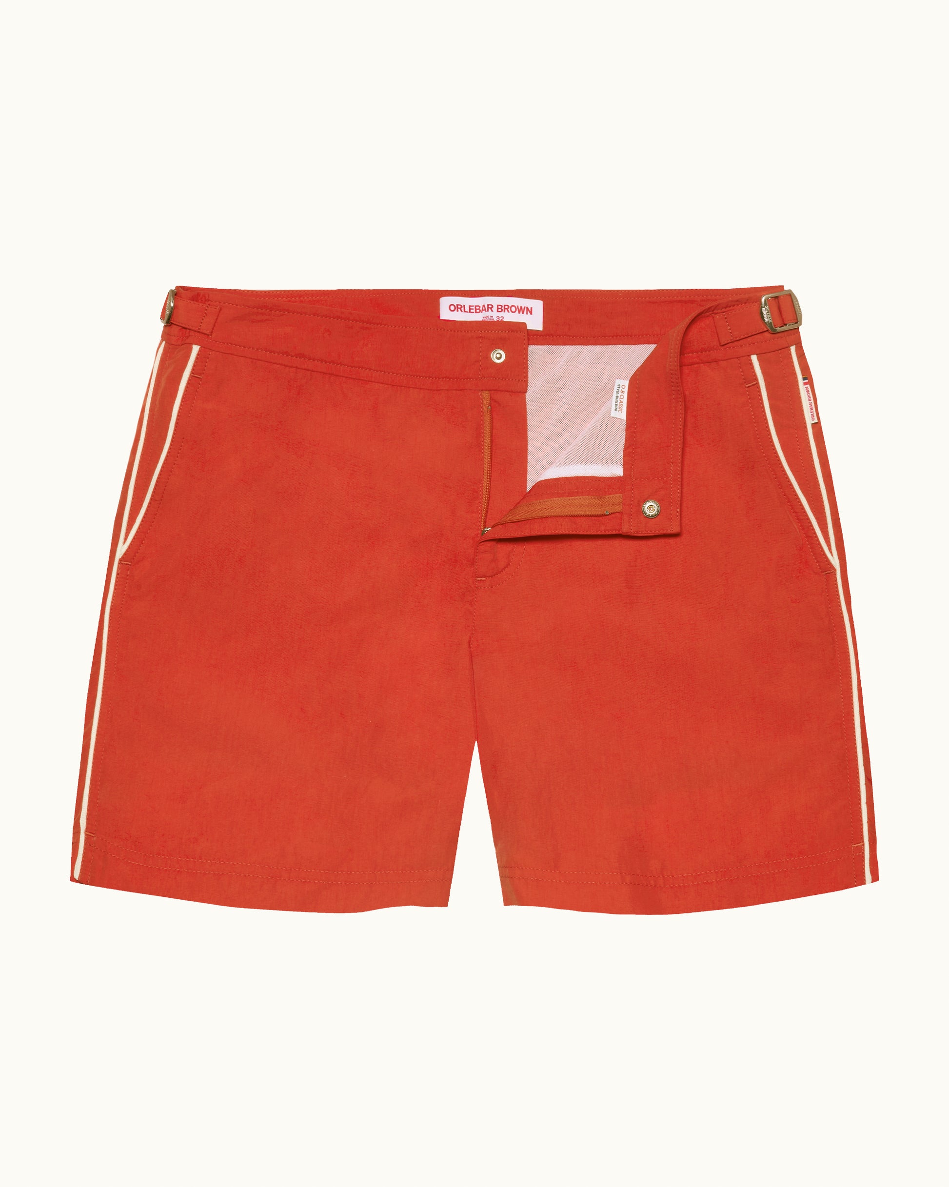 Red shorts with white trim on a white background