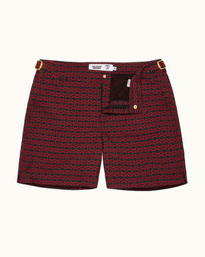 Bulldog - Automobili Lamborghini Black/Summer Red Hexagon Jacquard Mid-Length Swim Shorts Front