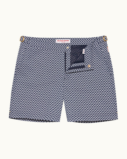 Bulldog - Night Iris/White Sand Jacquard Geometric Mid-Length Swim Shorts Front