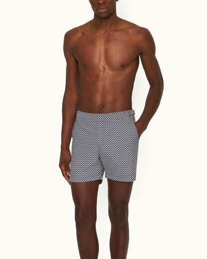 Bulldog - Night Iris/White Sand Jacquard Geometric Mid-Length Swim Shorts Model Front