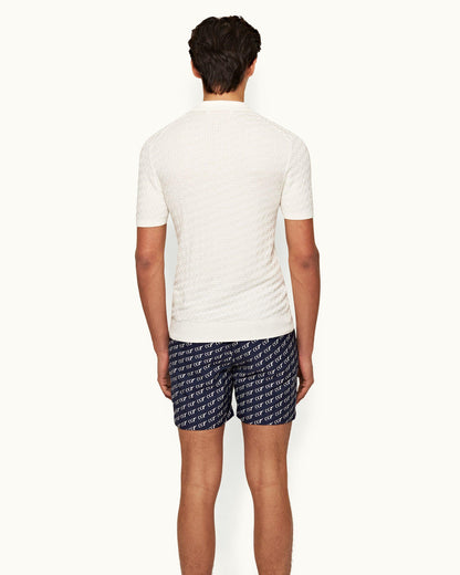 Bulldog - Mens 007 Midnight Navy Geometric Jacquard Mid-Length Swim Shorts Back Model View