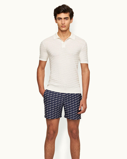 Bulldog - Mens 007 Midnight Navy Geometric Jacquard Mid-Length Swim Shorts Front Model View