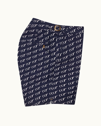 Bulldog - Mens 007 Midnight Navy Geometric Jacquard Mid-Length Swim Shorts Side View