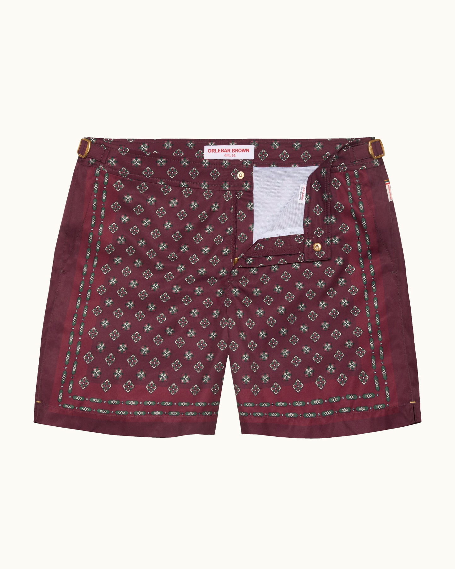 Maroon shorts with a subtle pattern on a white background