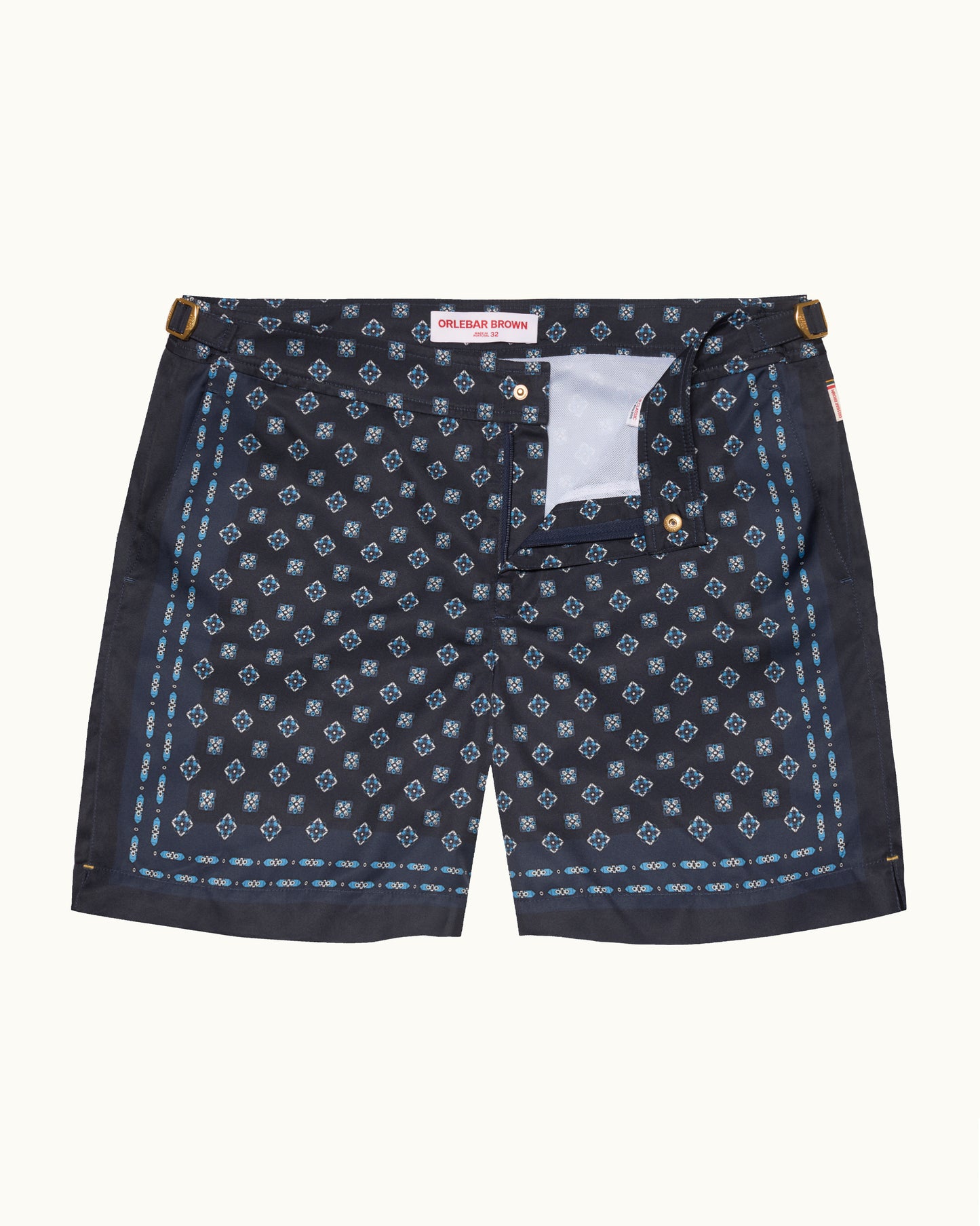 Navy blue shorts with white pattern on a white background