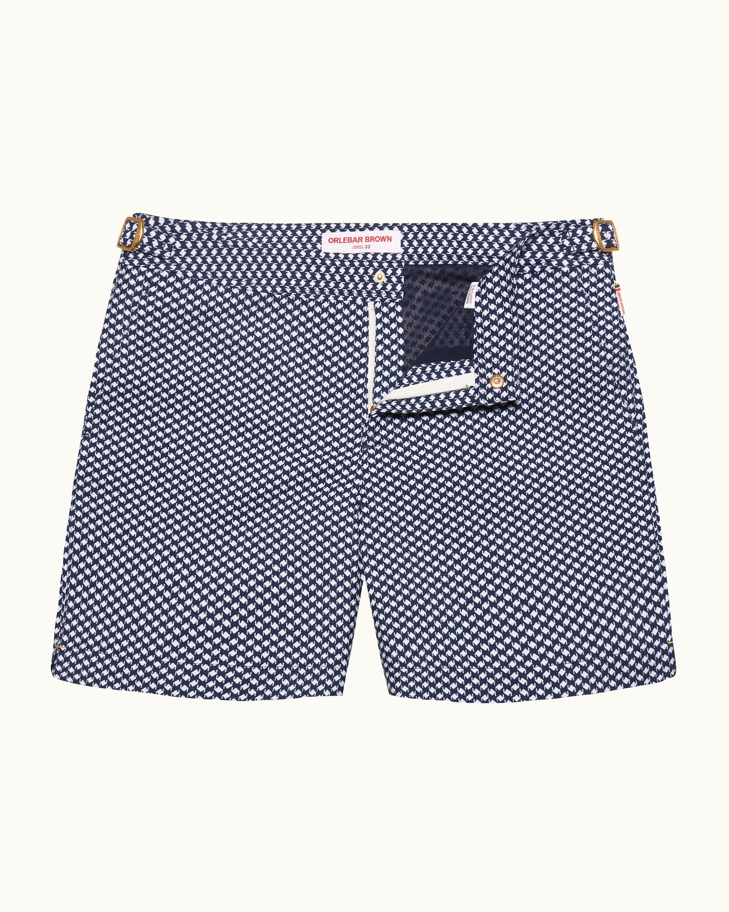 Navy and white checkered swim shorts on a white background
