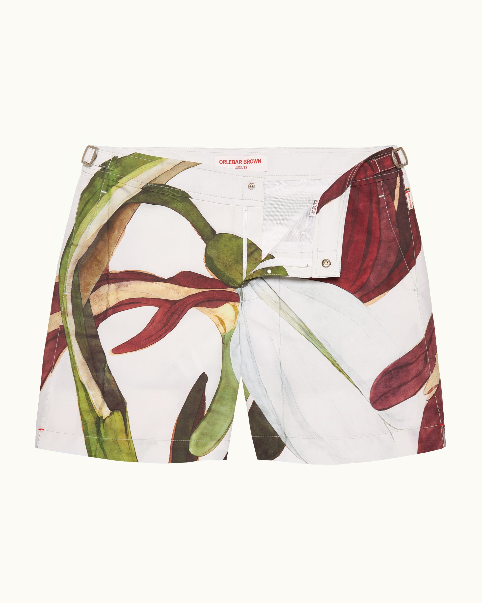 Bulldog - Mid-Length Orchis Print Swim Shorts in White Sand/Damson Front View