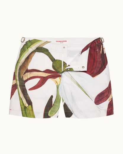 Bulldog - Mid-Length Orchis Print Swim Shorts in White Sand/Damson Front View