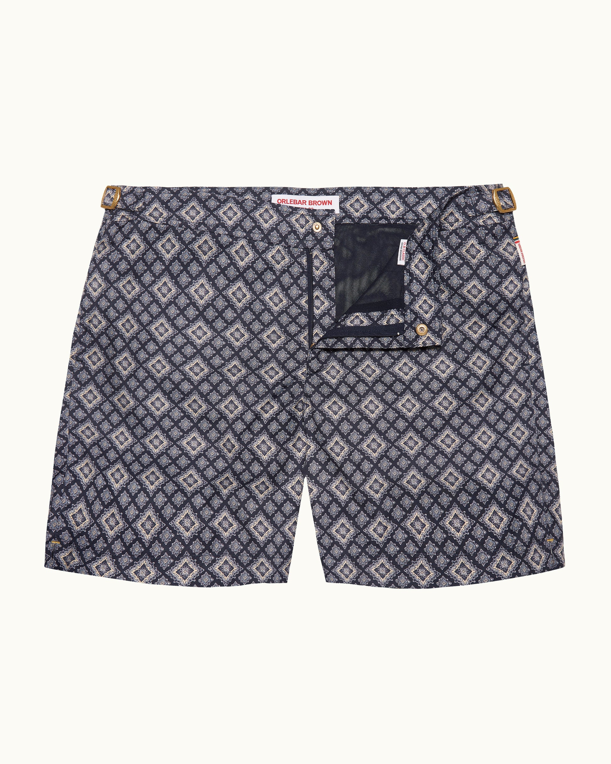 Bulldog - Mid-Length Paisley Season Print Swim Shorts in Night Iris Front View