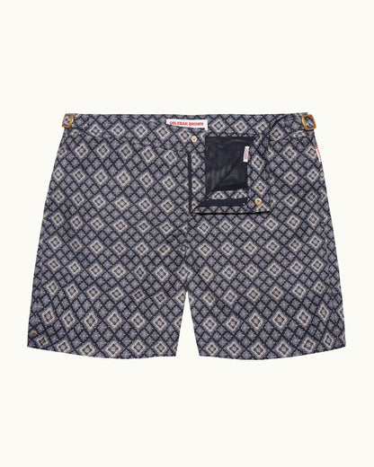 Bulldog - Mid-Length Paisley Season Print Swim Shorts in Night Iris Front View