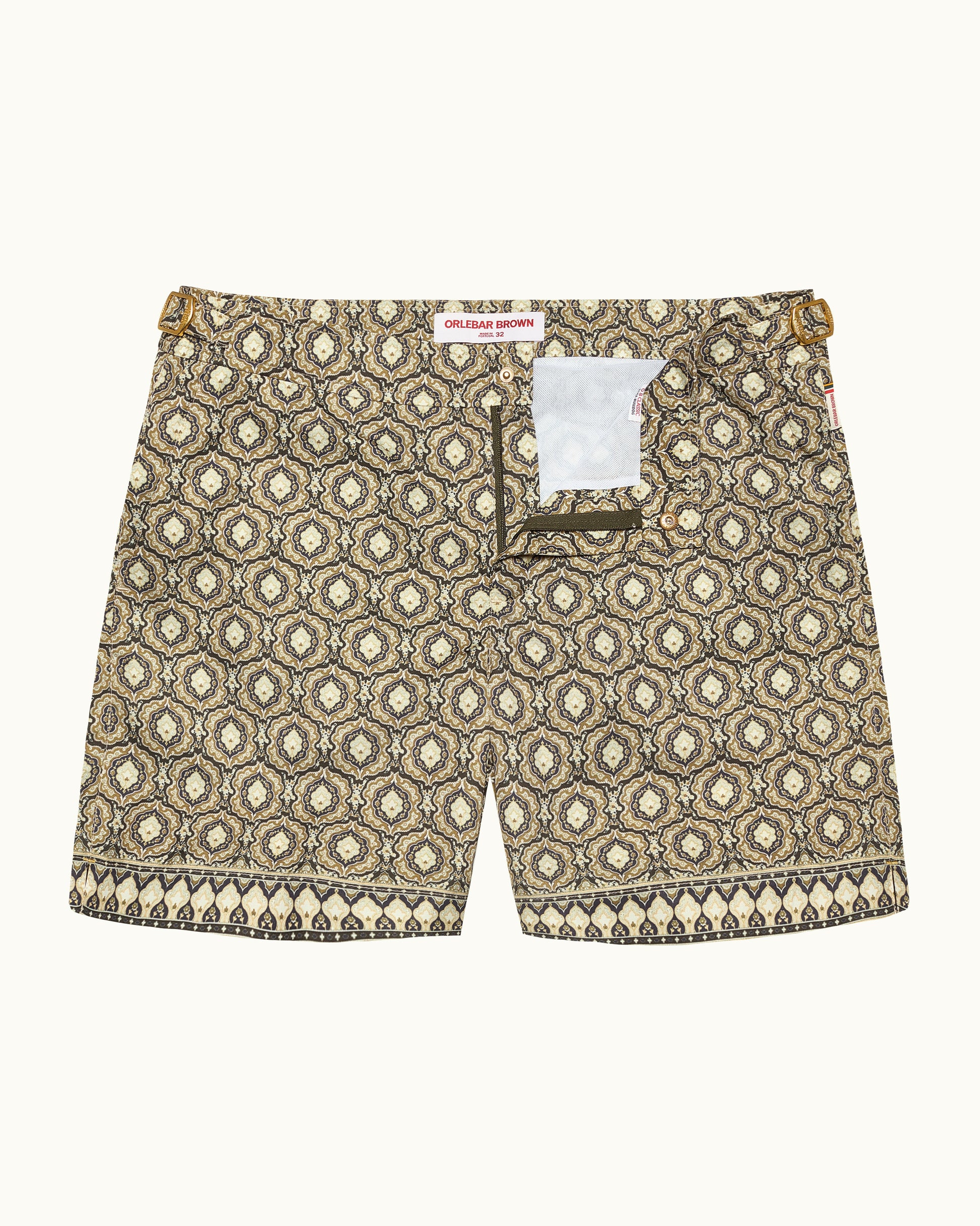 Patterned shorts with brand label on a white background