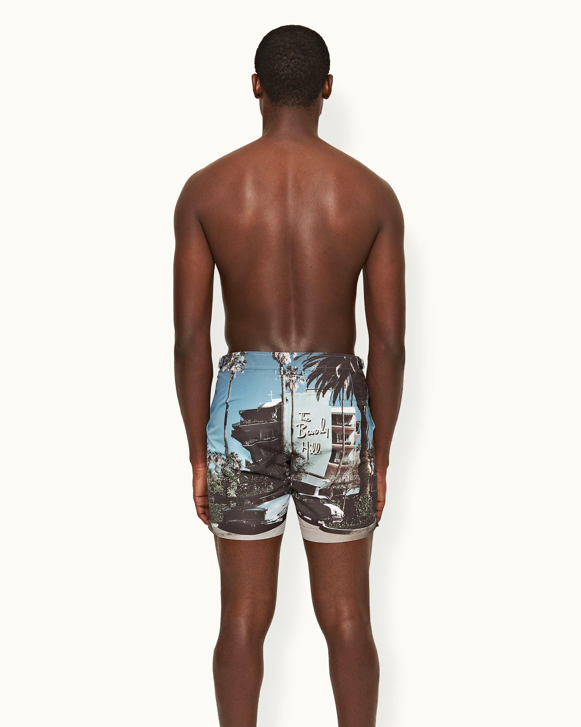 Bulldog - Mens Beverly Hills Photographic Print Mid-Length Swim Shorts Back Model View