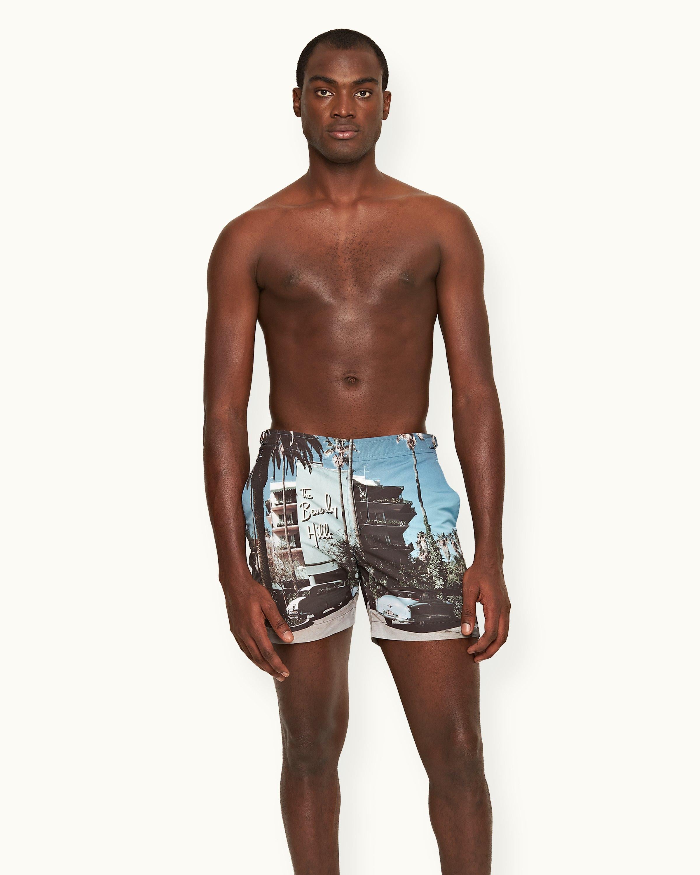 Bulldog - Mens Beverly Hills Photographic Print Mid-Length Swim Shorts Front Model View