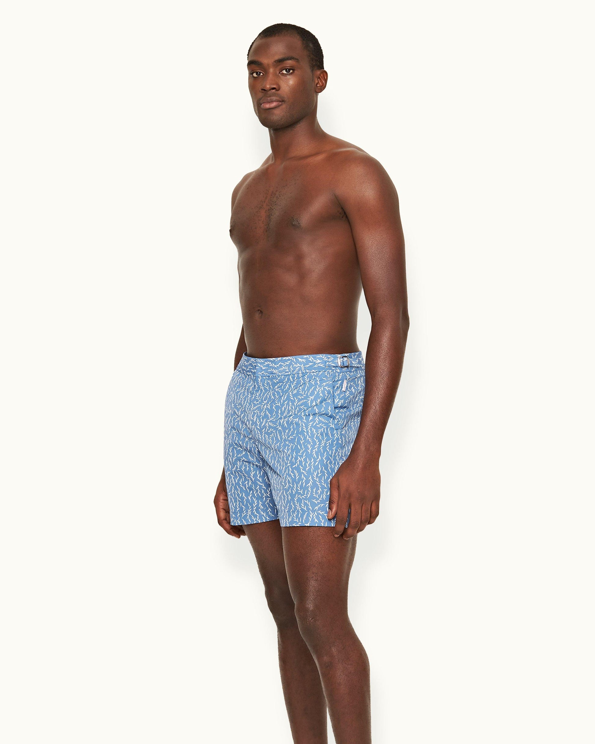 Bulldog - Mens Sedge Print Mid-Length Swim Shorts In Springfield Blue Left Angle Model View