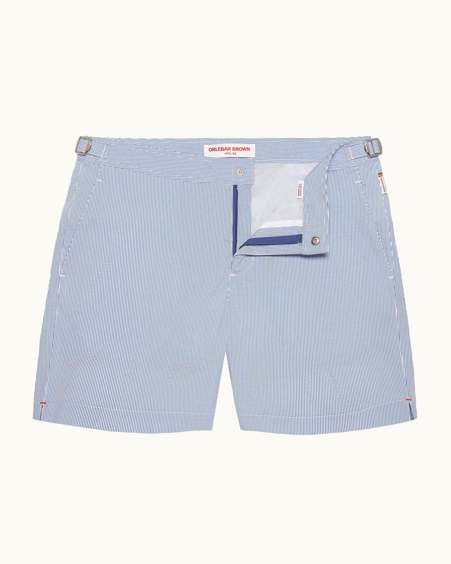 Bulldog Seersucker - Mid-Length Seersucker Stripe Swim Shorts in Catalina Blue/White Stripe Front View