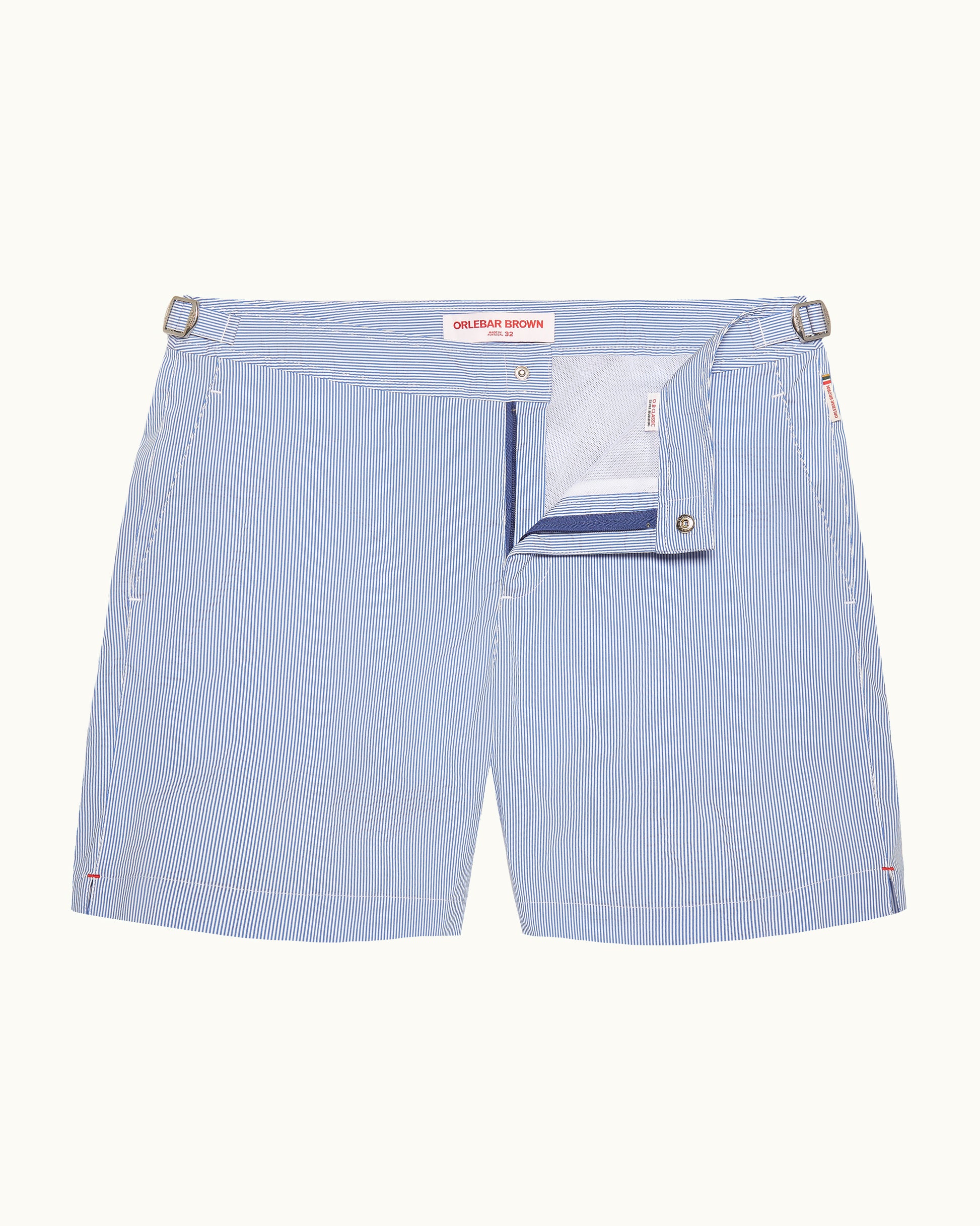 Bulldog Seersucker - Mid-Length Seersucker Stripe Swim Shorts in Catalina Blue/White Stripe Front View