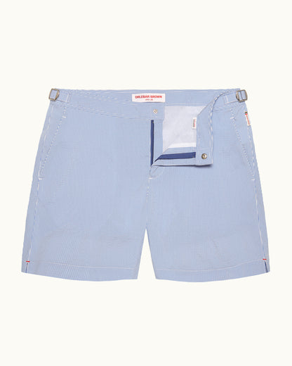 Bulldog Seersucker - Mid-Length Seersucker Stripe Swim Shorts in Catalina Blue/White Stripe Front View