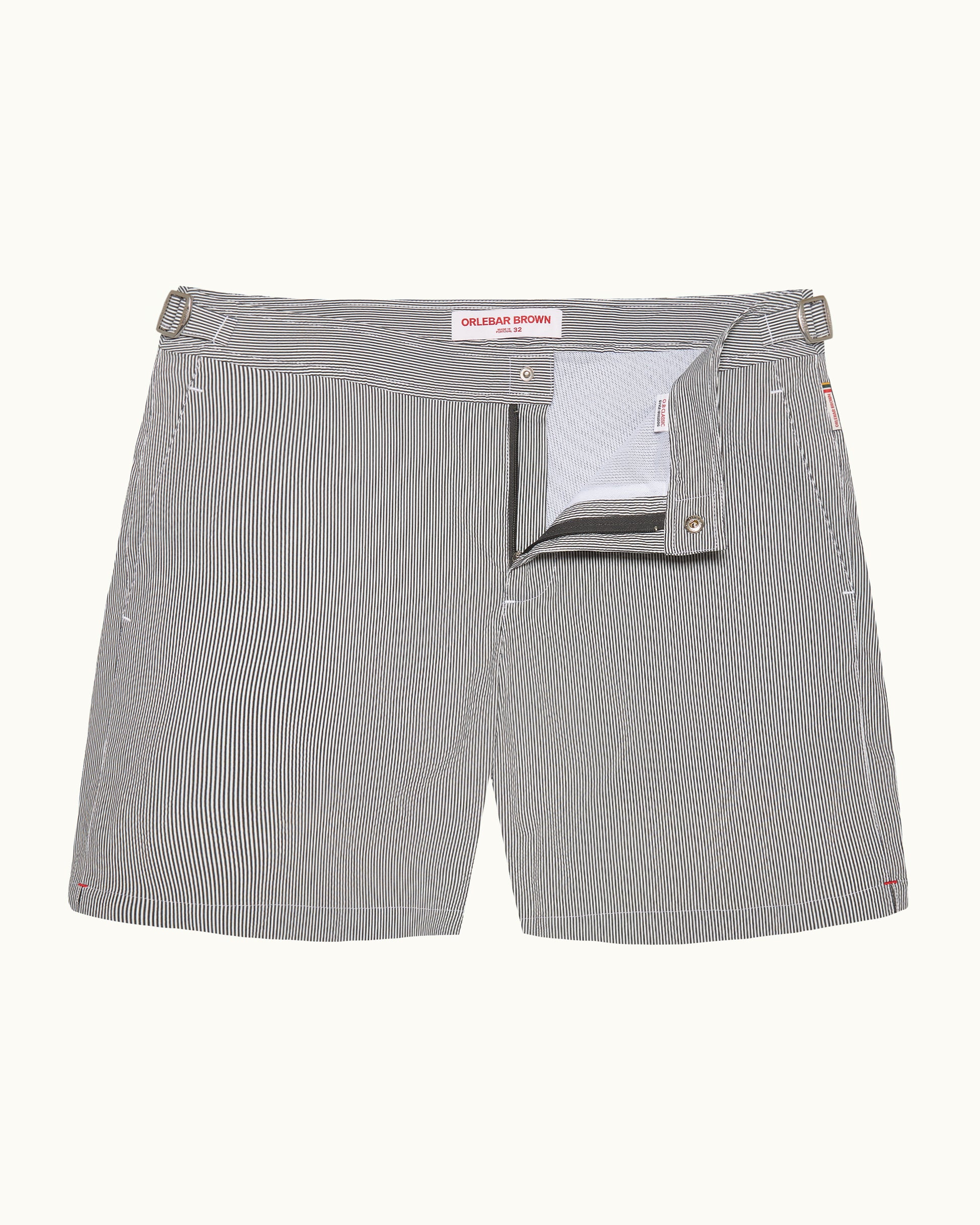 Bulldog Seersucker - Mid-Length Seersucker Stripe Swim Shorts in Charcoal/White Stripe Front View