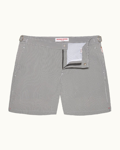 Bulldog Seersucker - Mid-Length Seersucker Stripe Swim Shorts in Charcoal/White Stripe Front View