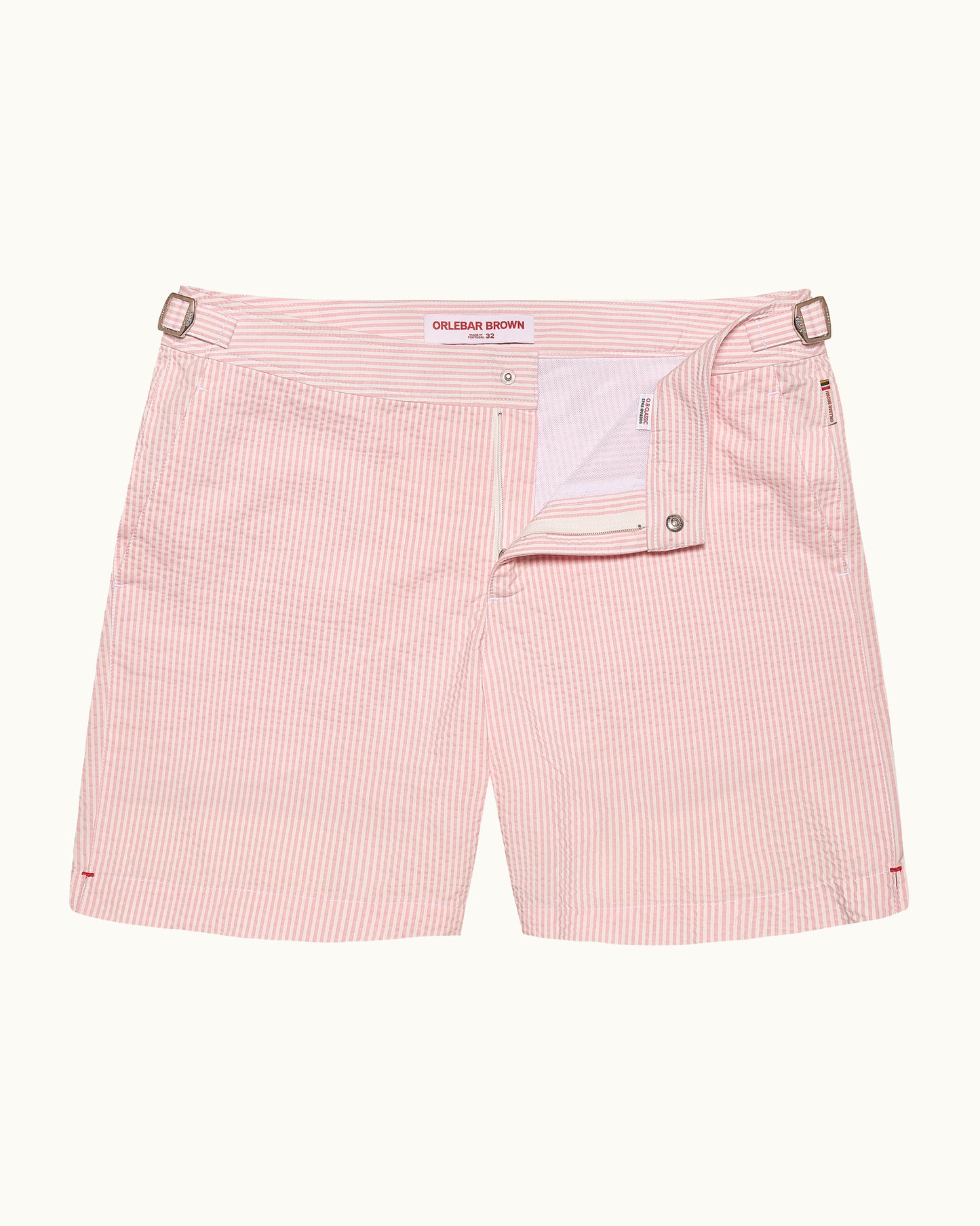 Pink striped shorts on a white background