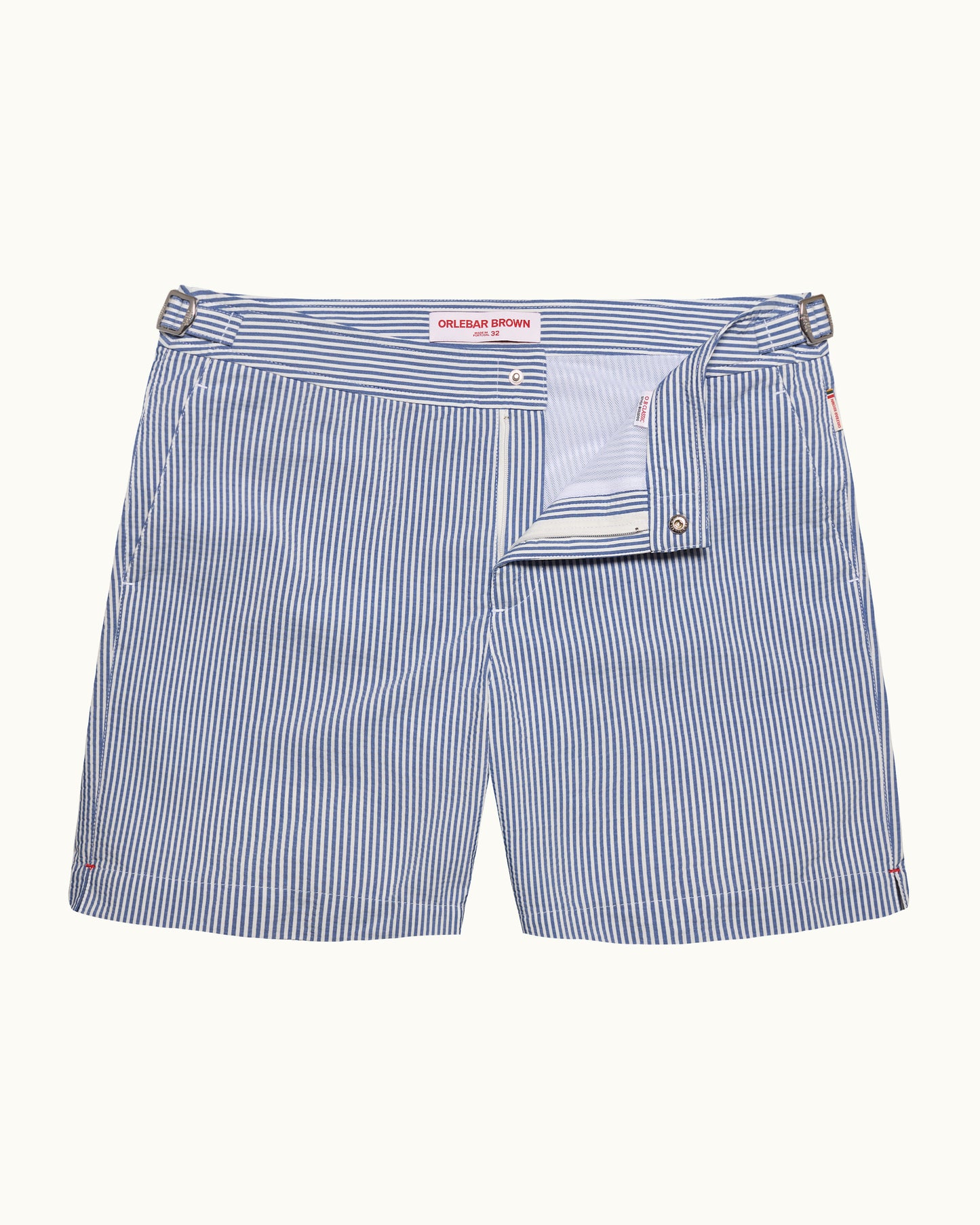 Blue and white striped shorts on a white background
