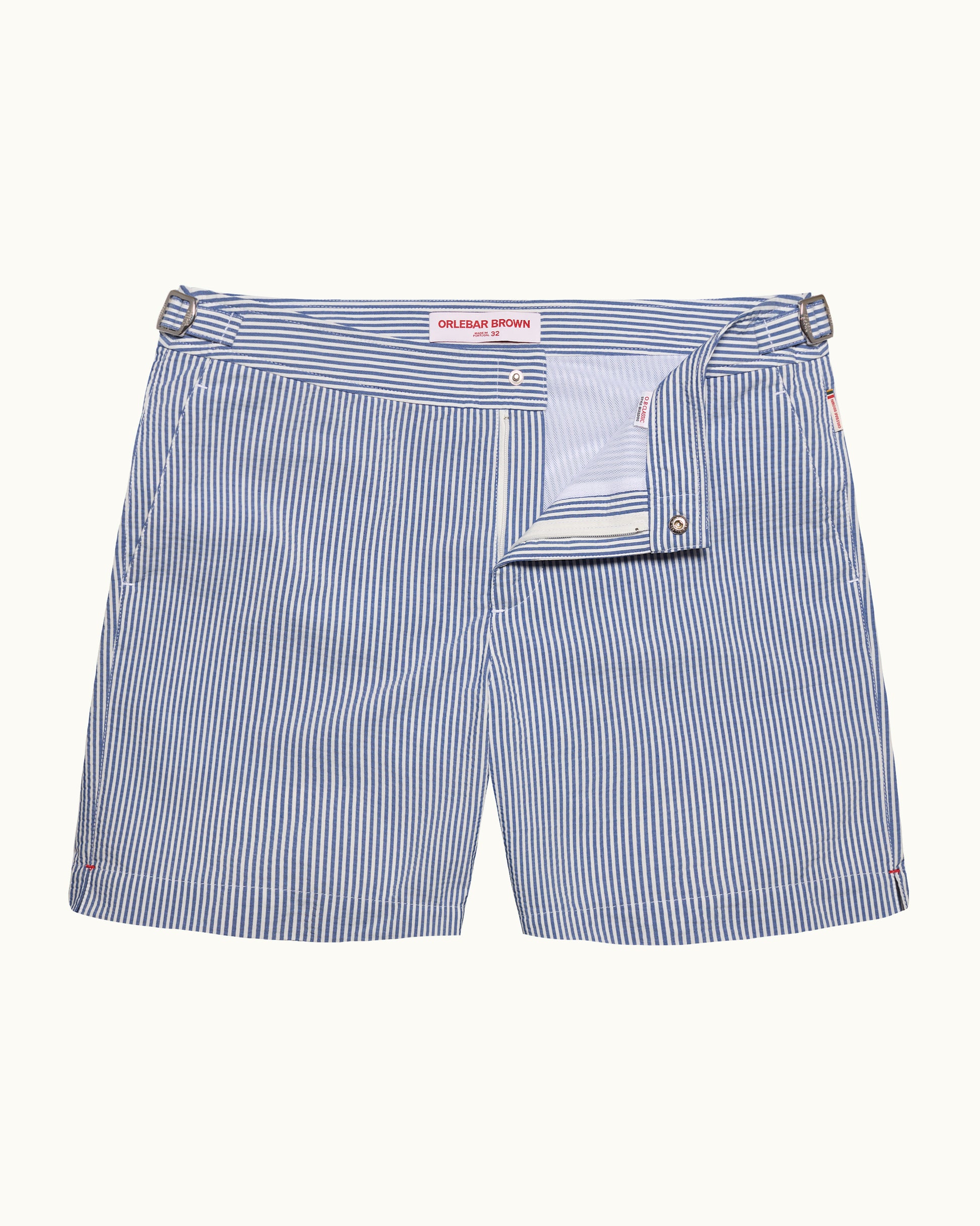 Blue and white striped shorts on a white background