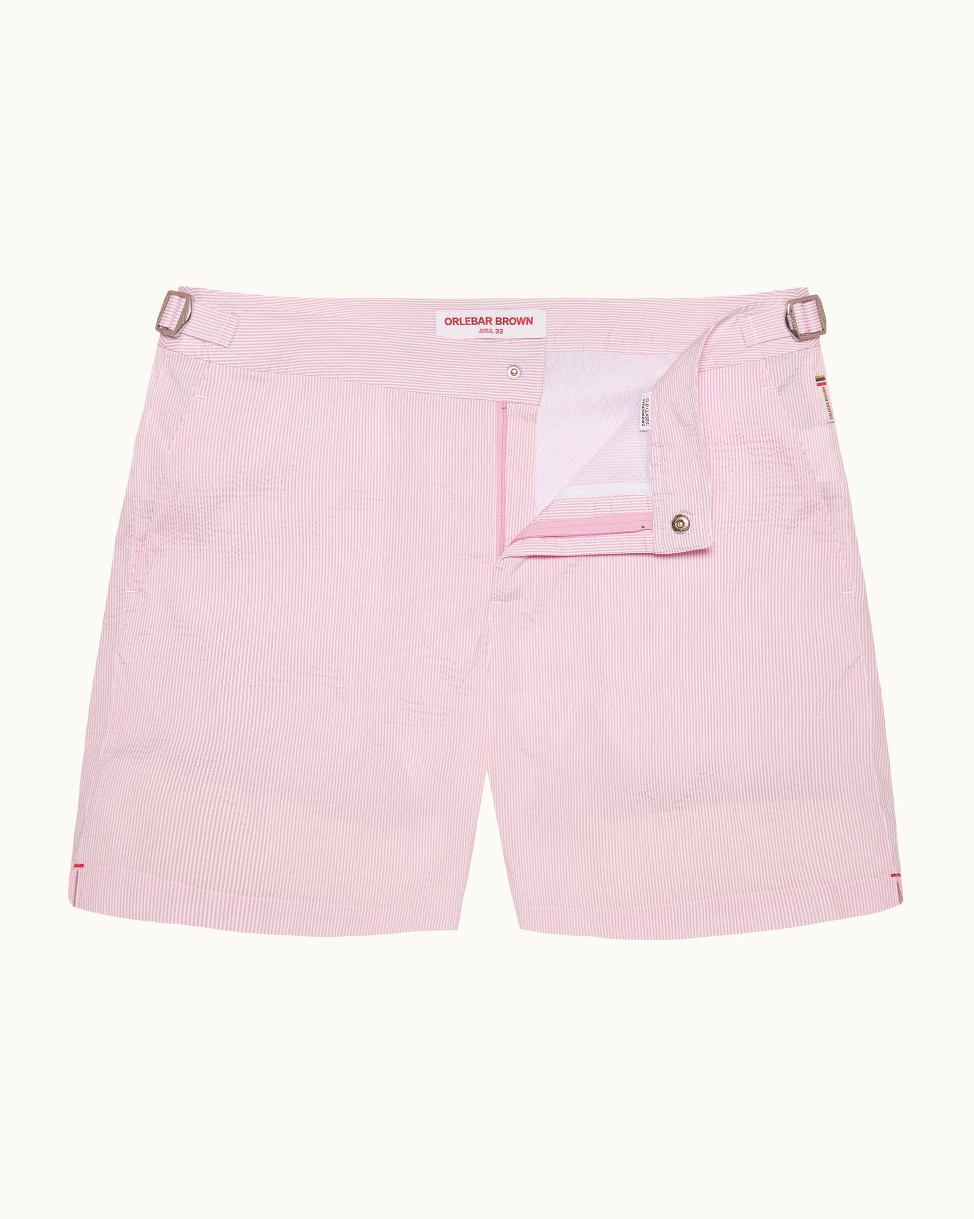 Bulldog Seersucker - Mid-Length Seersucker Stripe Swim Shorts in Rodeo Pink/White Stripe Front View