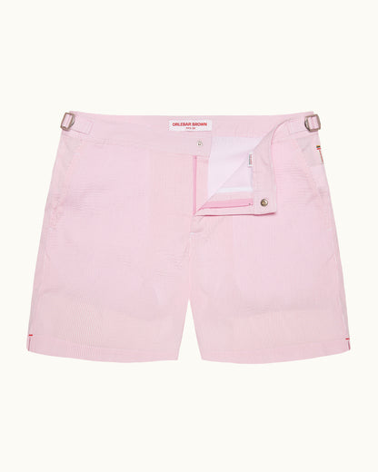Bulldog Seersucker - Mid-Length Seersucker Stripe Swim Shorts in Rodeo Pink/White Stripe Front View