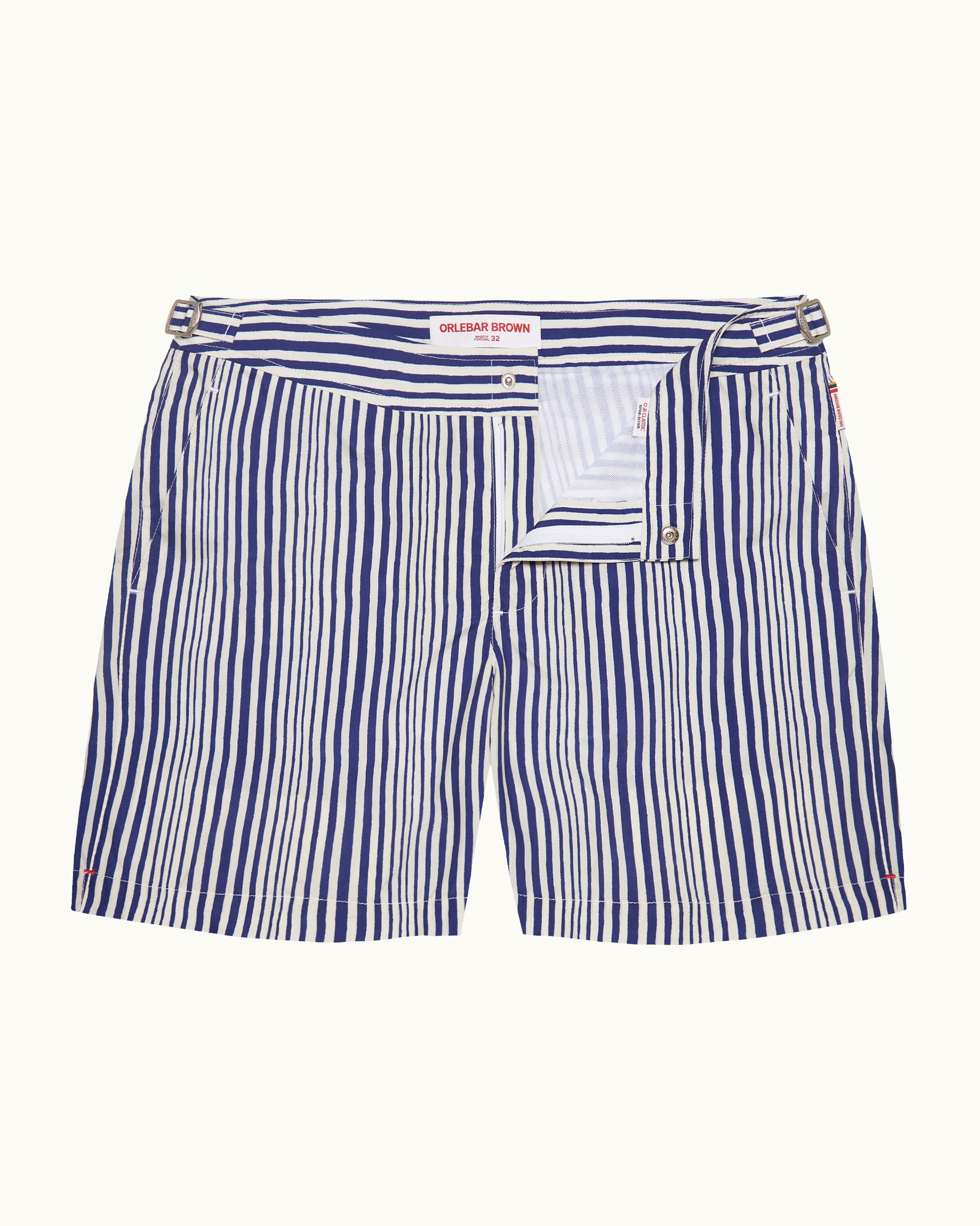 Bulldog - Mid-Length Shore Stripe Swim Shorts in Blue/White Front View