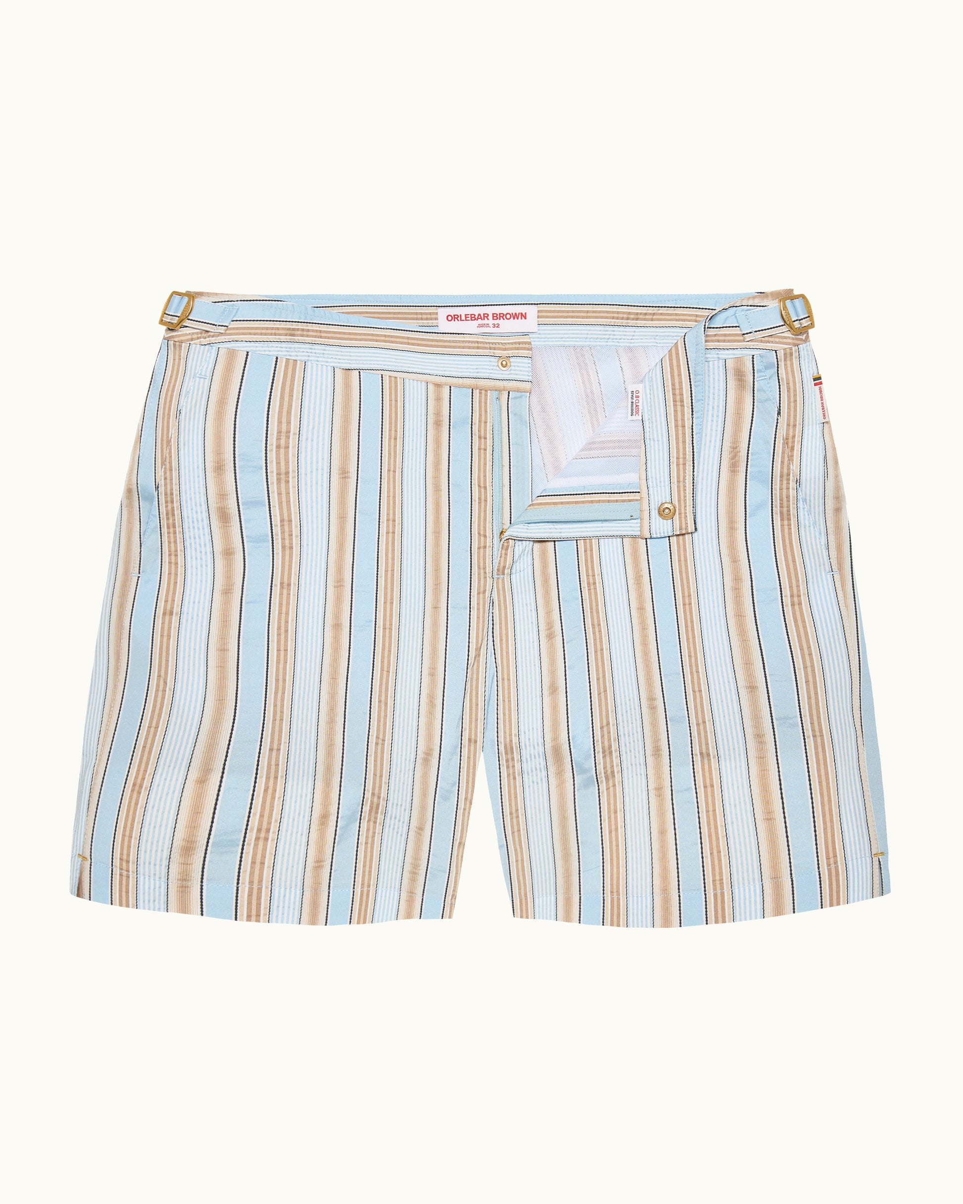 Bulldog - Mid-Length Soft Stripe Swim Shorts in Blue/Biscuit Stripe Front View