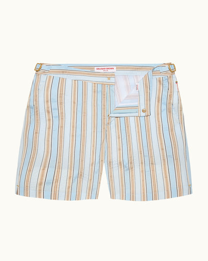 Bulldog - Mid-Length Soft Stripe Swim Shorts in Blue/Biscuit Stripe Front View