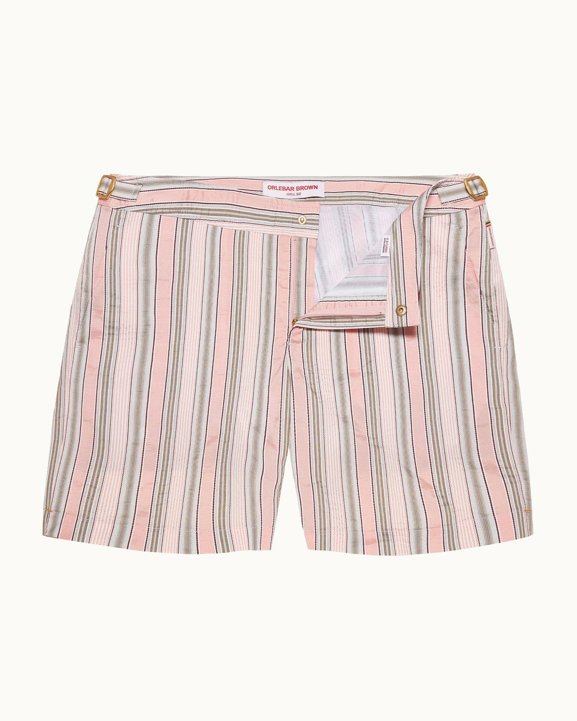 Bulldog - Mid-Length Soft Stripe Swim Shorts in Pink/Grey Stripe Front View