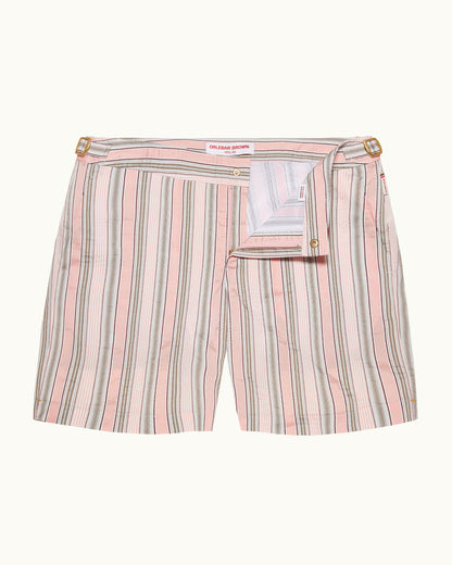 Bulldog - Mid-Length Soft Stripe Swim Shorts in Pink/Grey Stripe Front View