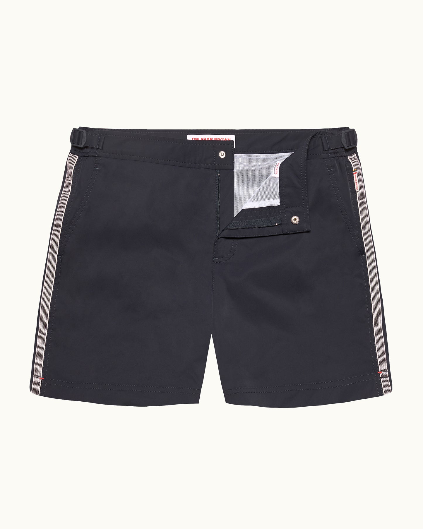 Black shorts with gray side stripes on a white background