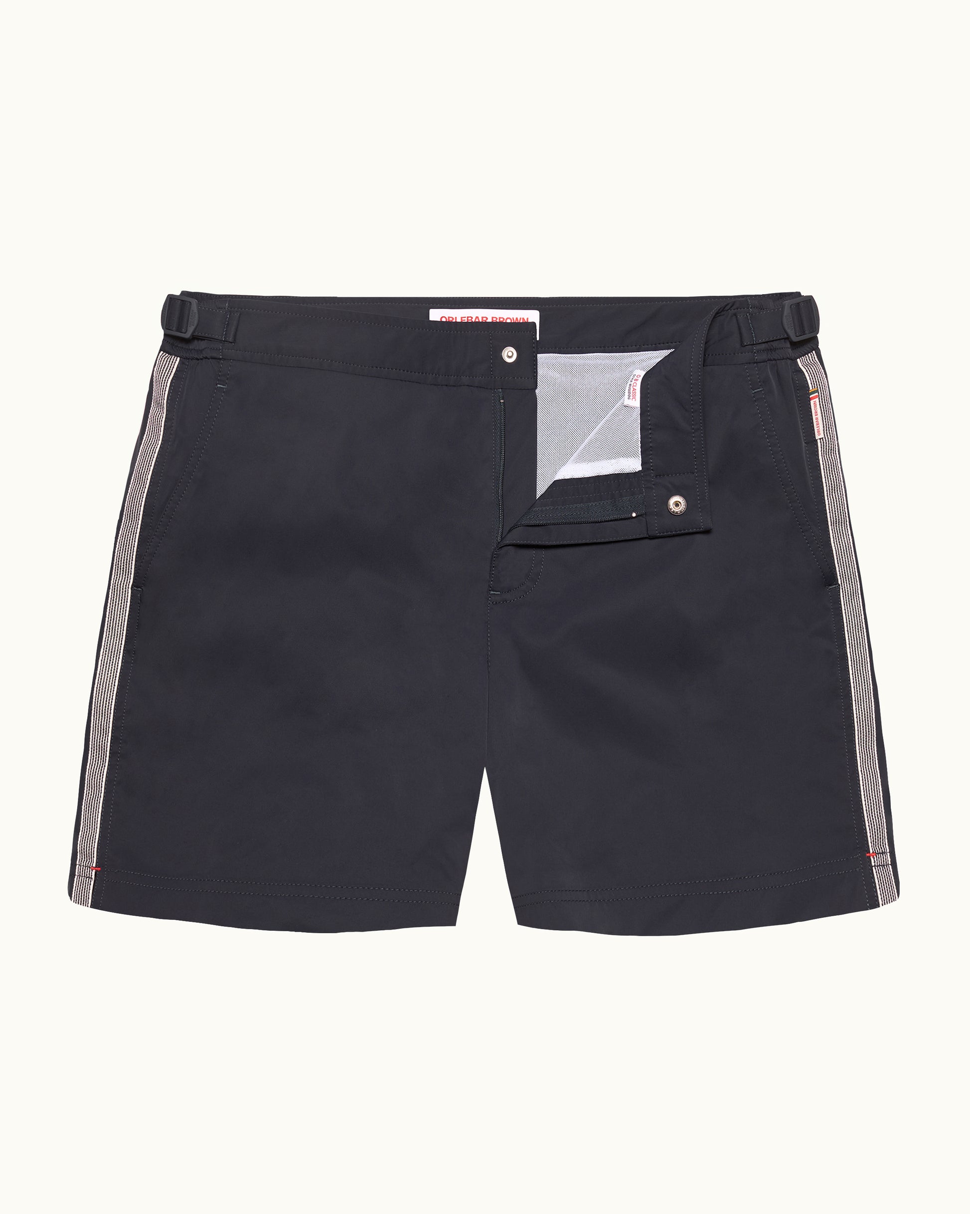 Black shorts with gray side stripes on a white background