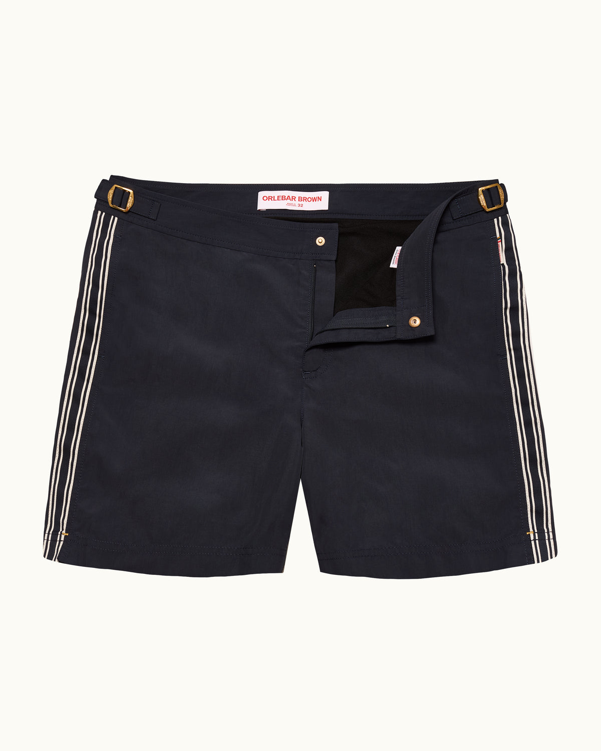 Navy swim shorts with white stripes on a plain background