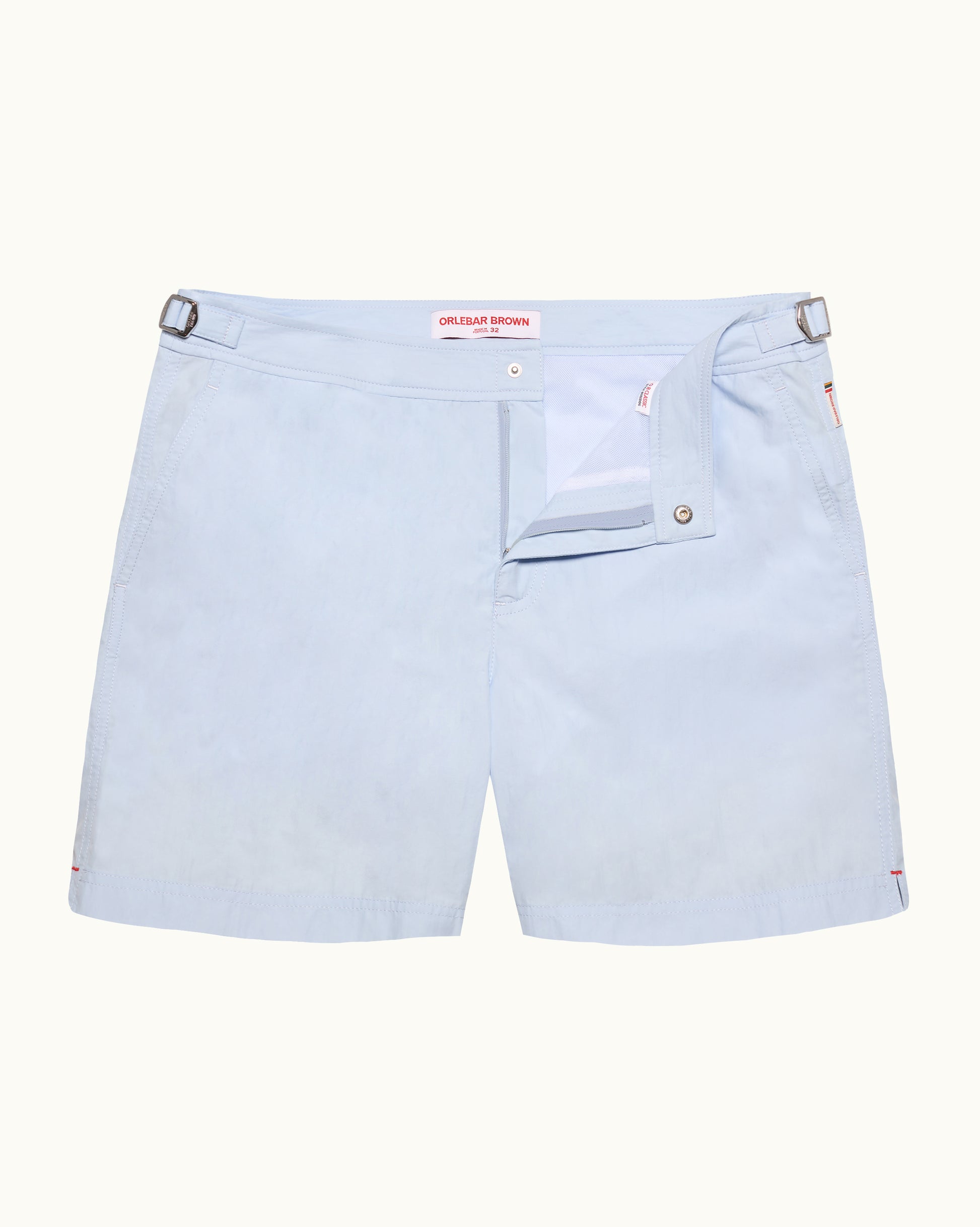Light blue shorts with a brand logo on a white background