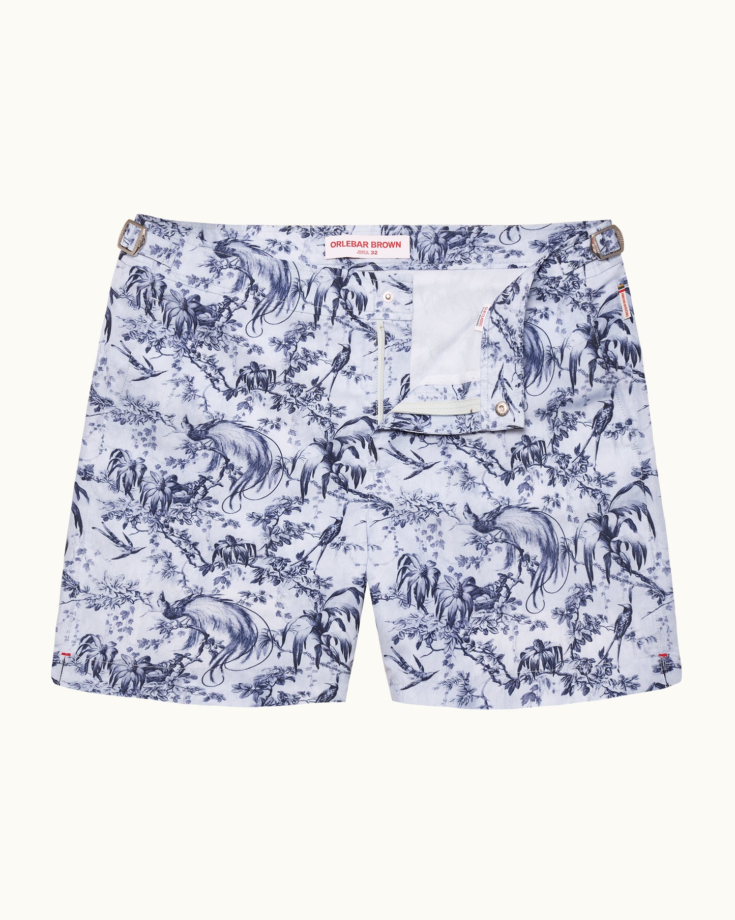 Shorts with a blue animal pattern on a white background